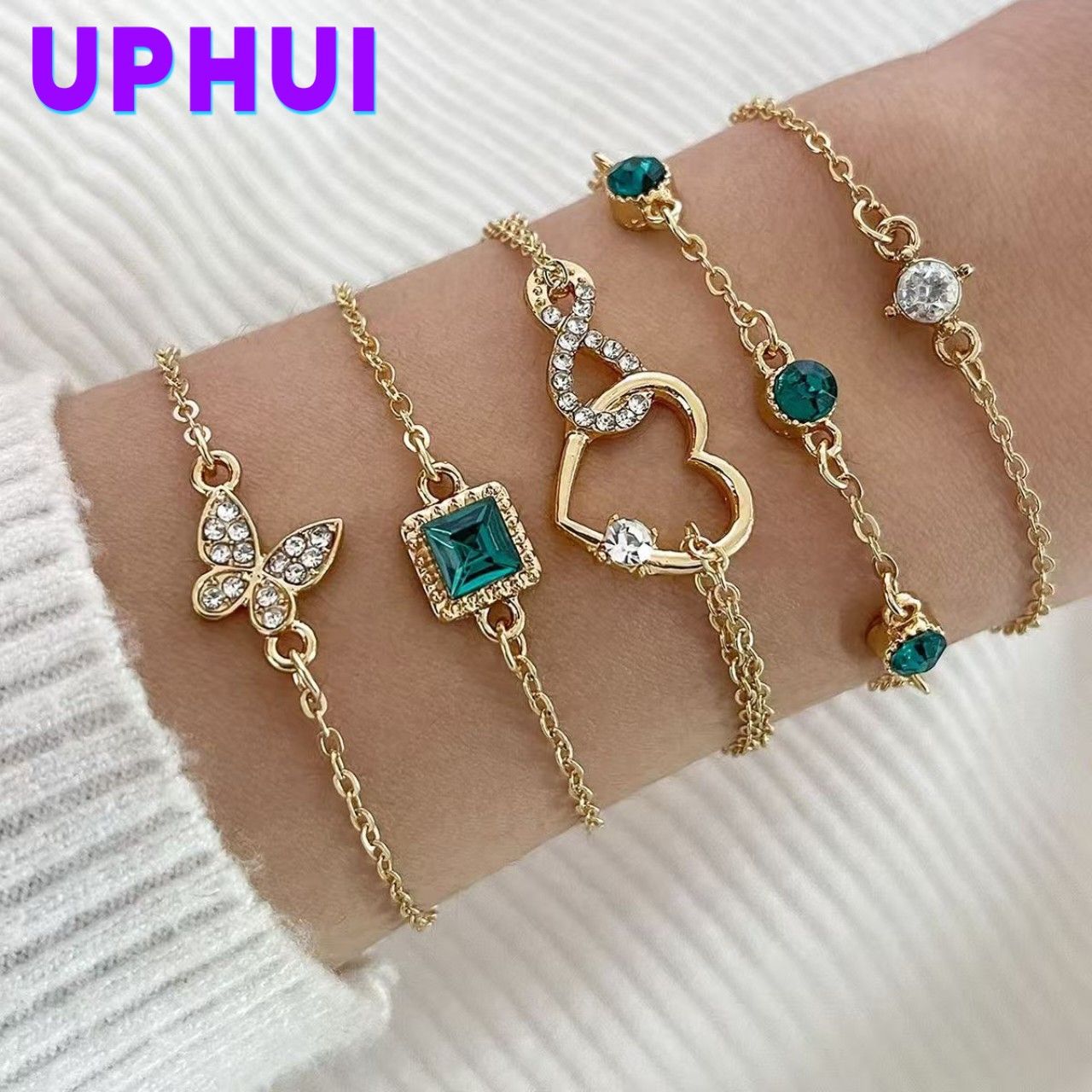 UPHUI 5PCS Women's Gold Bracelet 14K Gold Plated Exquisite Layered Chain Bracelet Adjustable Cute Bracelet Set