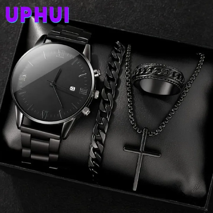 Watch Set Black Men's 4-piece Calendar Exquisite Ring Bracelet Titanium Steel Necklace Thickened Chain Necklace Set Not Easy to Fade Daily Wear Student Dancing Work Leisure Watch Business Wear Gift