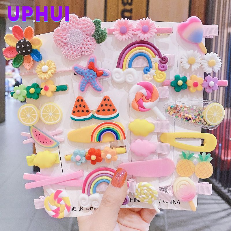 UPHUI 14pcs Cute Hair Clip Fashion Girl Hair Accessories Flower Fruit Colorful Rainbow Candy Dessert Cute Animal Hair Clip Set Anti slip Metal Buckle Suitable for Girls Children and Toddlers Gift