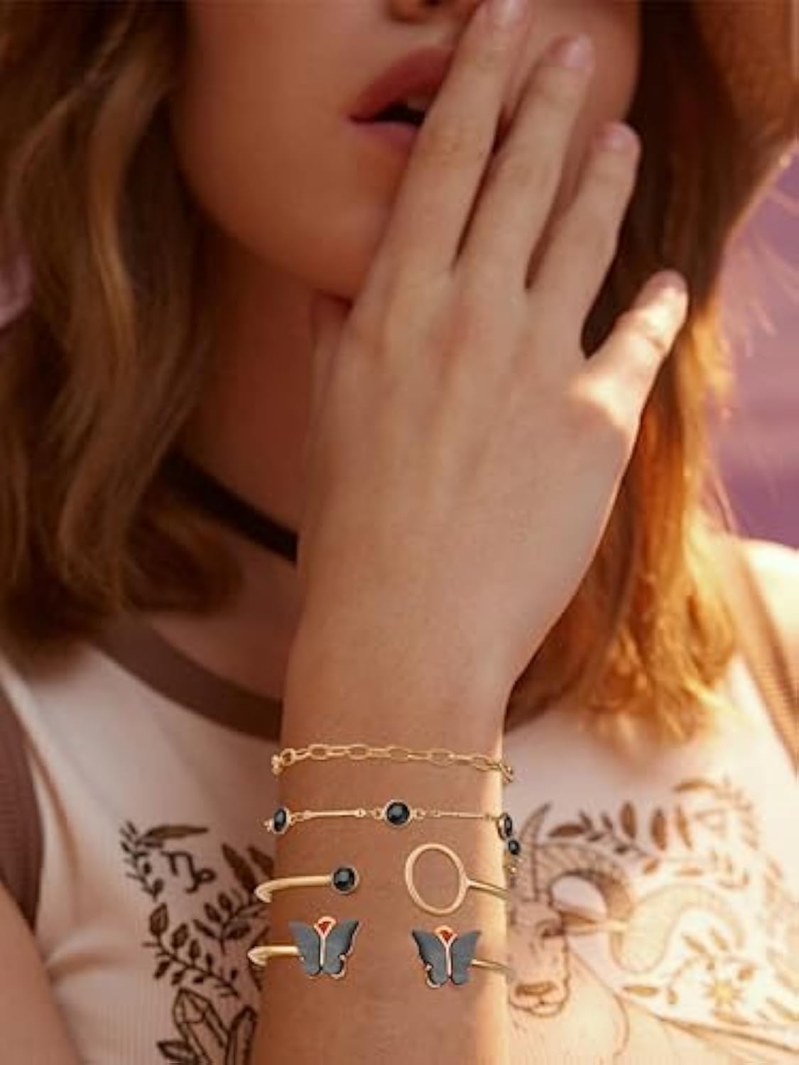 UPHUI 4PCS Women's Jewelry Bracelet Connection Exquisite Butterfly Gold Bracelet Women's Fashion Colorful Water Diamond Butterfly Bracelet Set Women's Layered Stacked Chain Bracelet