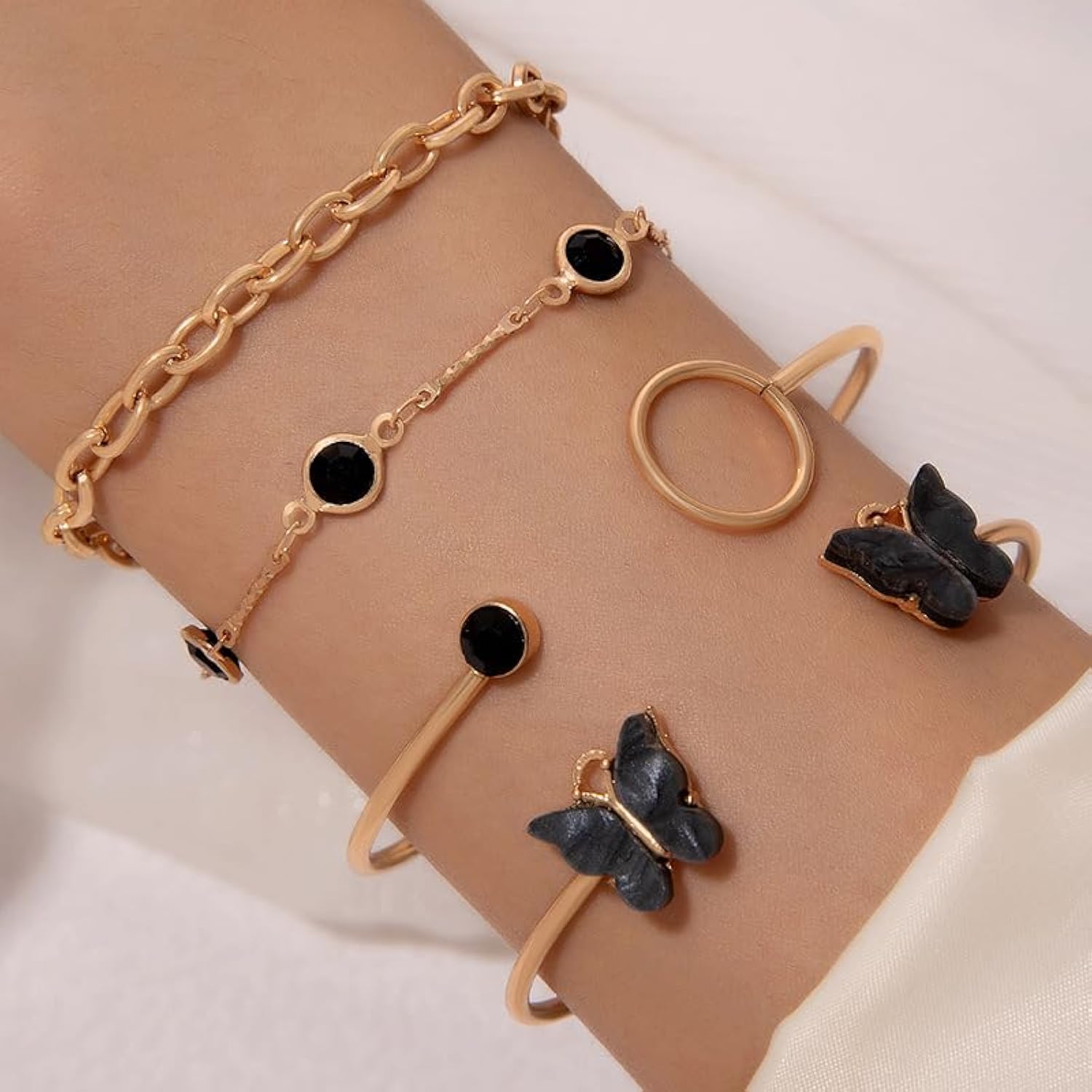 UPHUI 4PCS Women's Jewelry Bracelet Connection Exquisite Butterfly Gold Bracelet Women's Fashion Colorful Water Diamond Butterfly Bracelet Set Women's Layered Stacked Chain Bracelet