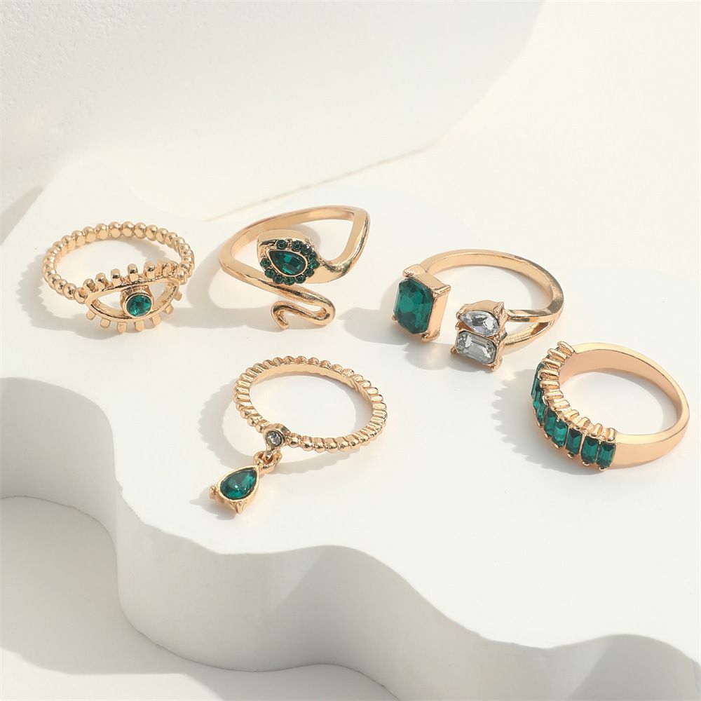 UPHUI 5PCS Rings Set Retro Imitation Gemstone Diamond Serpentine Water Drop Pendant Ring Creative Fashion Joint Ring Alloy Personalized Chain Open Ring Full Diamond Adjustable Any Size