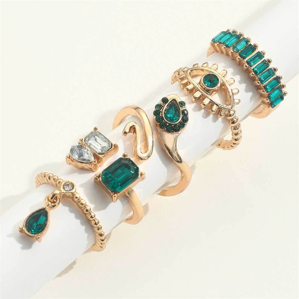 UPHUI 5PCS Rings Set Retro Imitation Gemstone Diamond Serpentine Water Drop Pendant Ring Creative Fashion Joint Ring Alloy Personalized Chain Open Ring Full Diamond Adjustable Any Size