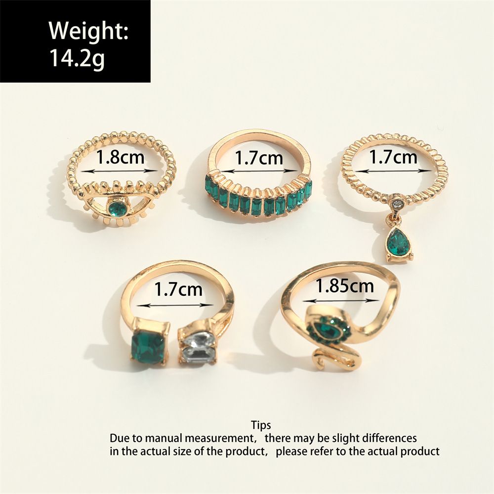 UPHUI 5PCS Rings Set Retro Imitation Gemstone Diamond Serpentine Water Drop Pendant Ring Creative Fashion Joint Ring Alloy Personalized Chain Open Ring Full Diamond Adjustable Any Size