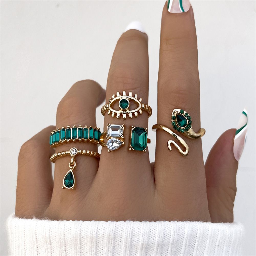 UPHUI 5PCS Rings Set Retro Imitation Gemstone Diamond Serpentine Water Drop Pendant Ring Creative Fashion Joint Ring Alloy Personalized Chain Open Ring Full Diamond Adjustable Any Size