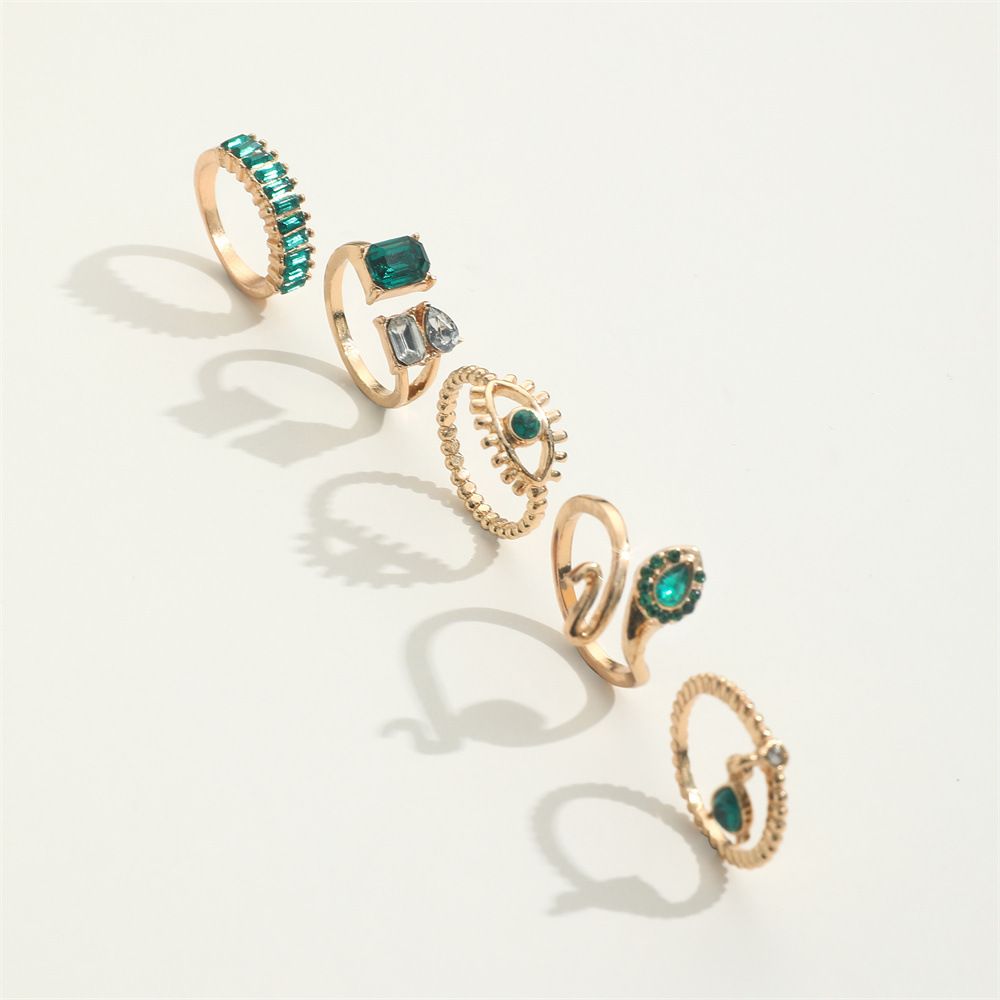 UPHUI 5PCS Rings Set Retro Imitation Gemstone Diamond Serpentine Water Drop Pendant Ring Creative Fashion Joint Ring Alloy Personalized Chain Open Ring Full Diamond Adjustable Any Size