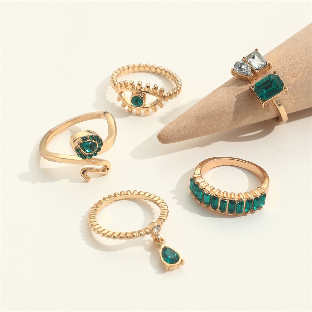 UPHUI 5PCS Rings Set Retro Imitation Gemstone Diamond Serpentine Water Drop Pendant Ring Creative Fashion Joint Ring Alloy Personalized Chain Open Ring Full Diamond Adjustable Any Size