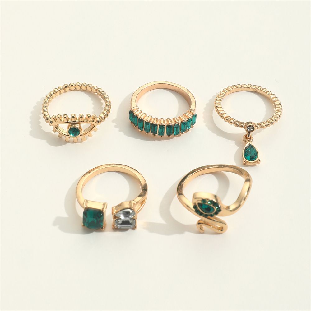 UPHUI 5PCS Rings Set Retro Imitation Gemstone Diamond Serpentine Water Drop Pendant Ring Creative Fashion Joint Ring Alloy Personalized Chain Open Ring Full Diamond Adjustable Any Size