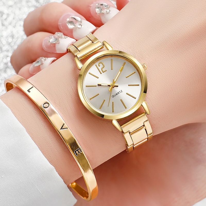 UPHUI Ladies Fashion Simple Digital Alloy with Quartz Watch Bracelet 2pcs Set Luxury Women Simple Dial Ladies Watches