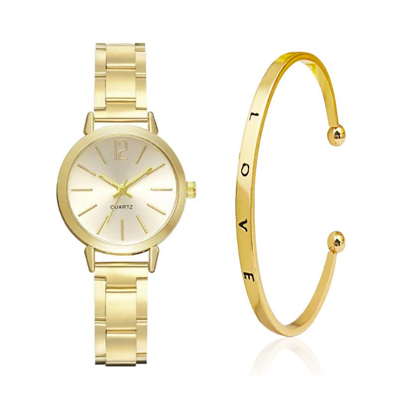 UPHUI Ladies Fashion Simple Digital Alloy with Quartz Watch Bracelet 2pcs Set Luxury Women Simple Dial Ladies Watches
