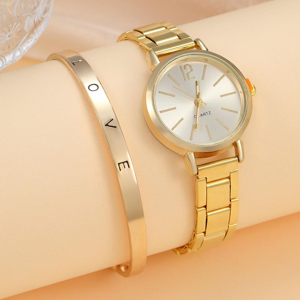 UPHUI Ladies Fashion Simple Digital Alloy with Quartz Watch Bracelet 2pcs Set Luxury Women Simple Dial Ladies Watches