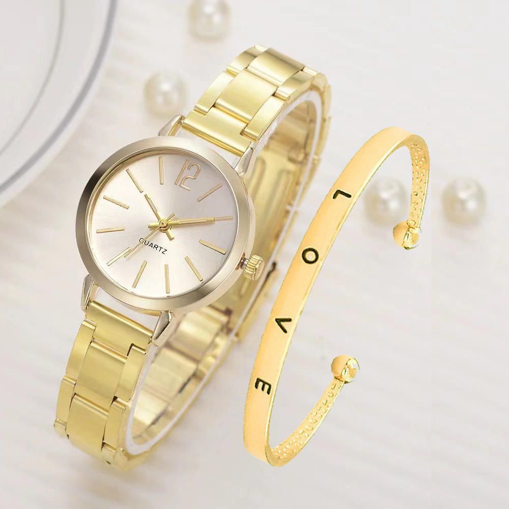 UPHUI Ladies Fashion Simple Digital Alloy with Quartz Watch Bracelet 2pcs Set Luxury Women Simple Dial Ladies Watches