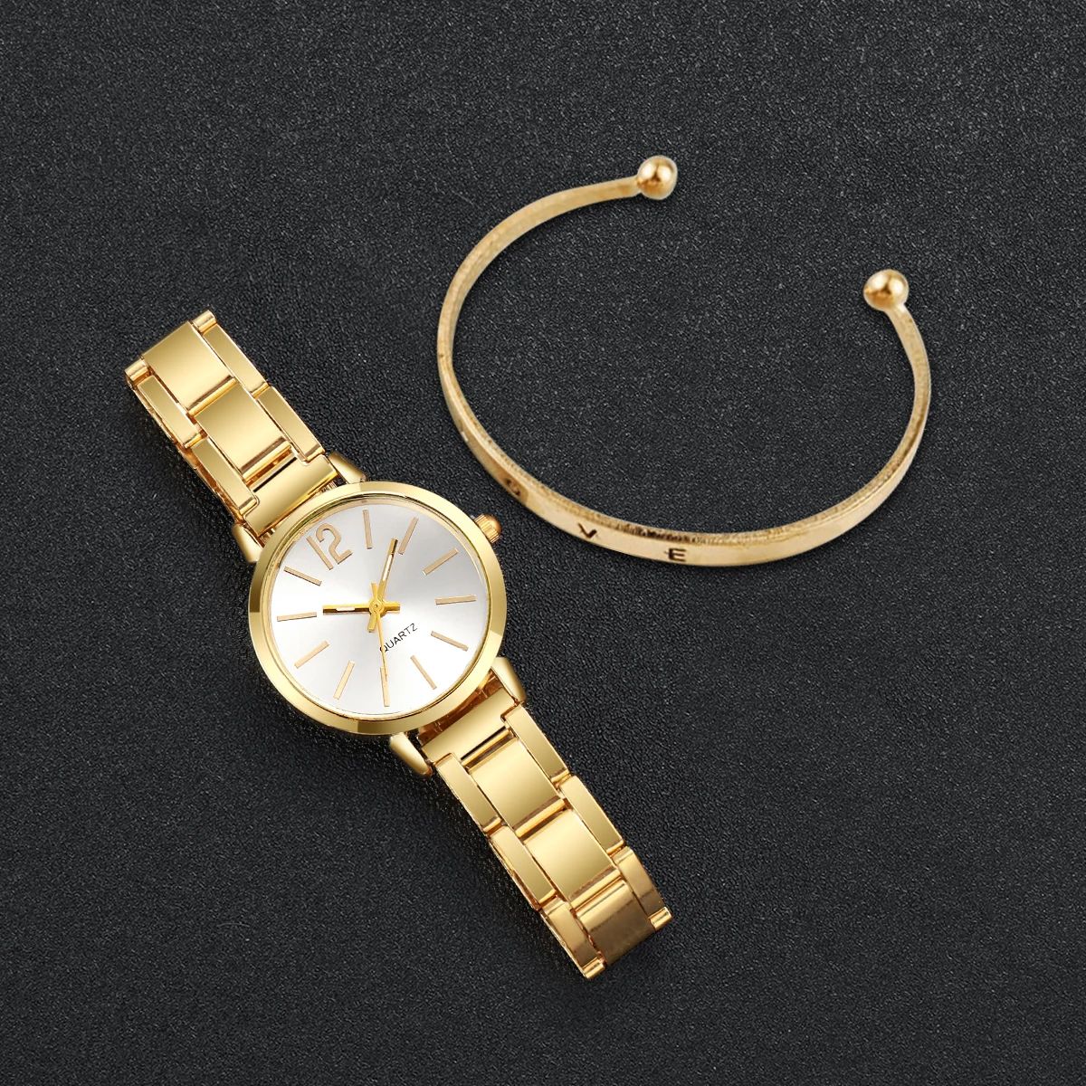 UPHUI Ladies Fashion Simple Digital Alloy with Quartz Watch Bracelet 2pcs Set Luxury Women Simple Dial Ladies Watches