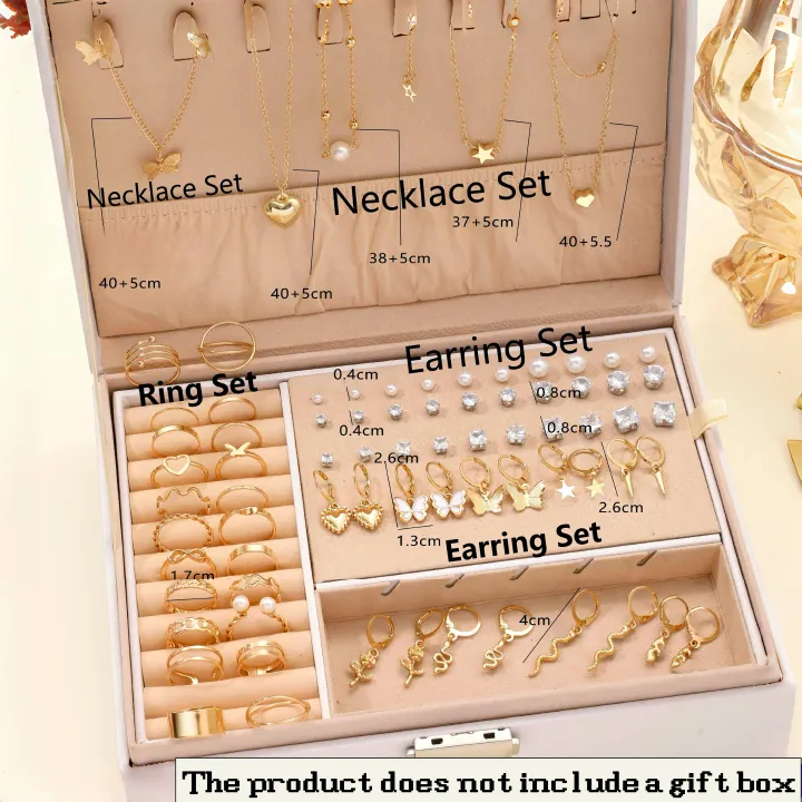 UPHUI 76PCS/Luxury Jewelry Set Butterfly Necklace Set Butterfly Ring and Earring Set Diamond and Pearl Earnail Set Elegant Zircon Pendant Earring Ring Necklace Women's Daily Jewelry Gift for Friends