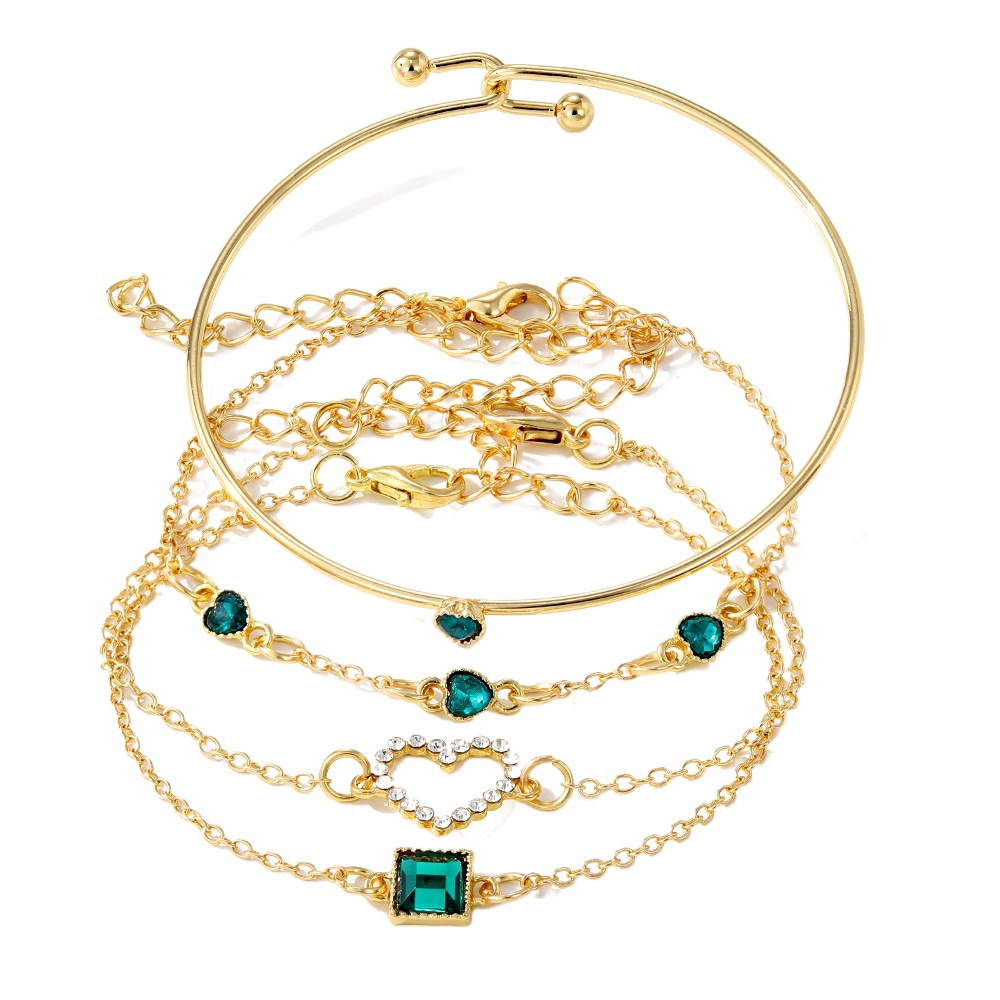 UPHUI 4PCS Women's Gold Bracelet Set Punk Layered Stackable Gold Bracelet With Open Cuffs Wrapped Bracelet Chain Ankle Chain Suitable Emerald inlaid with diamonds For Girls' Fashion Jewelry