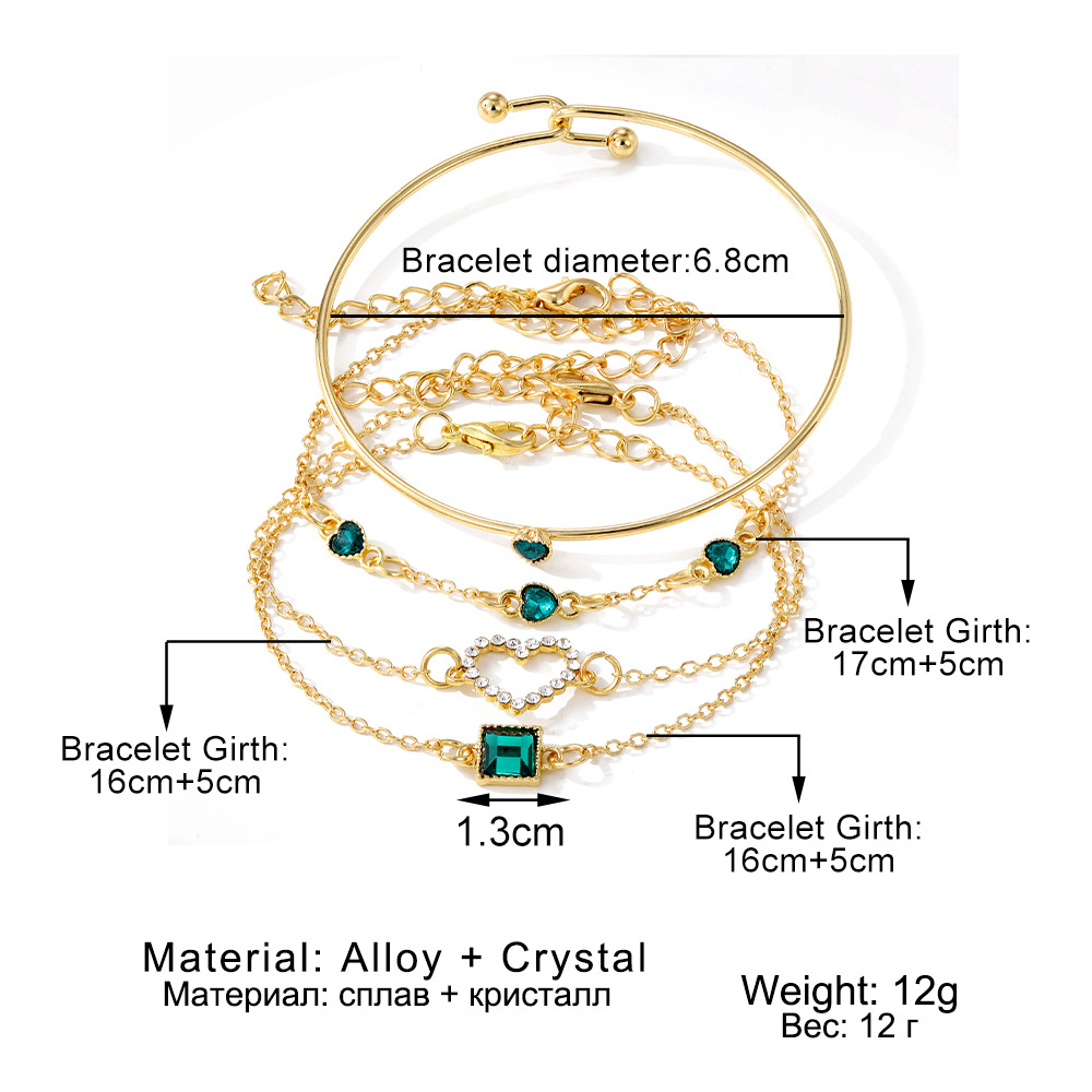 UPHUI 4PCS Women's Gold Bracelet Set Punk Layered Stackable Gold Bracelet With Open Cuffs Wrapped Bracelet Chain Ankle Chain Suitable Emerald inlaid with diamonds For Girls' Fashion Jewelry