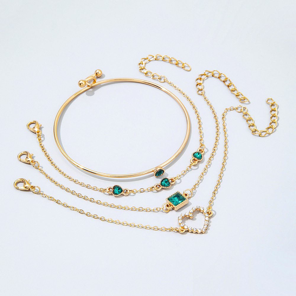 UPHUI 4PCS Women's Gold Bracelet Set Punk Layered Stackable Gold Bracelet With Open Cuffs Wrapped Bracelet Chain Ankle Chain Suitable Emerald inlaid with diamonds For Girls' Fashion Jewelry