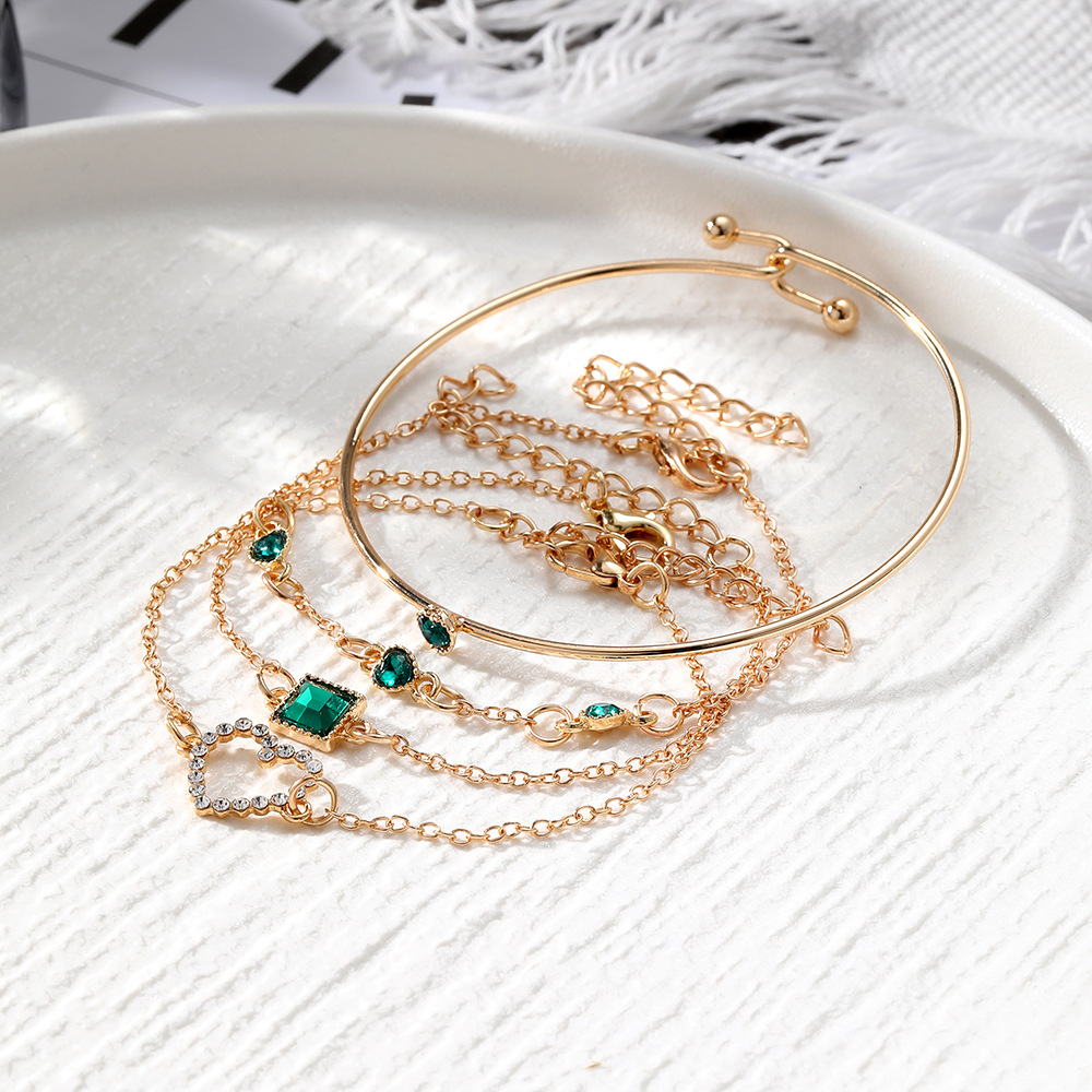 UPHUI 4PCS Women's Gold Bracelet Set Punk Layered Stackable Gold Bracelet With Open Cuffs Wrapped Bracelet Chain Ankle Chain Suitable Emerald inlaid with diamonds For Girls' Fashion Jewelry