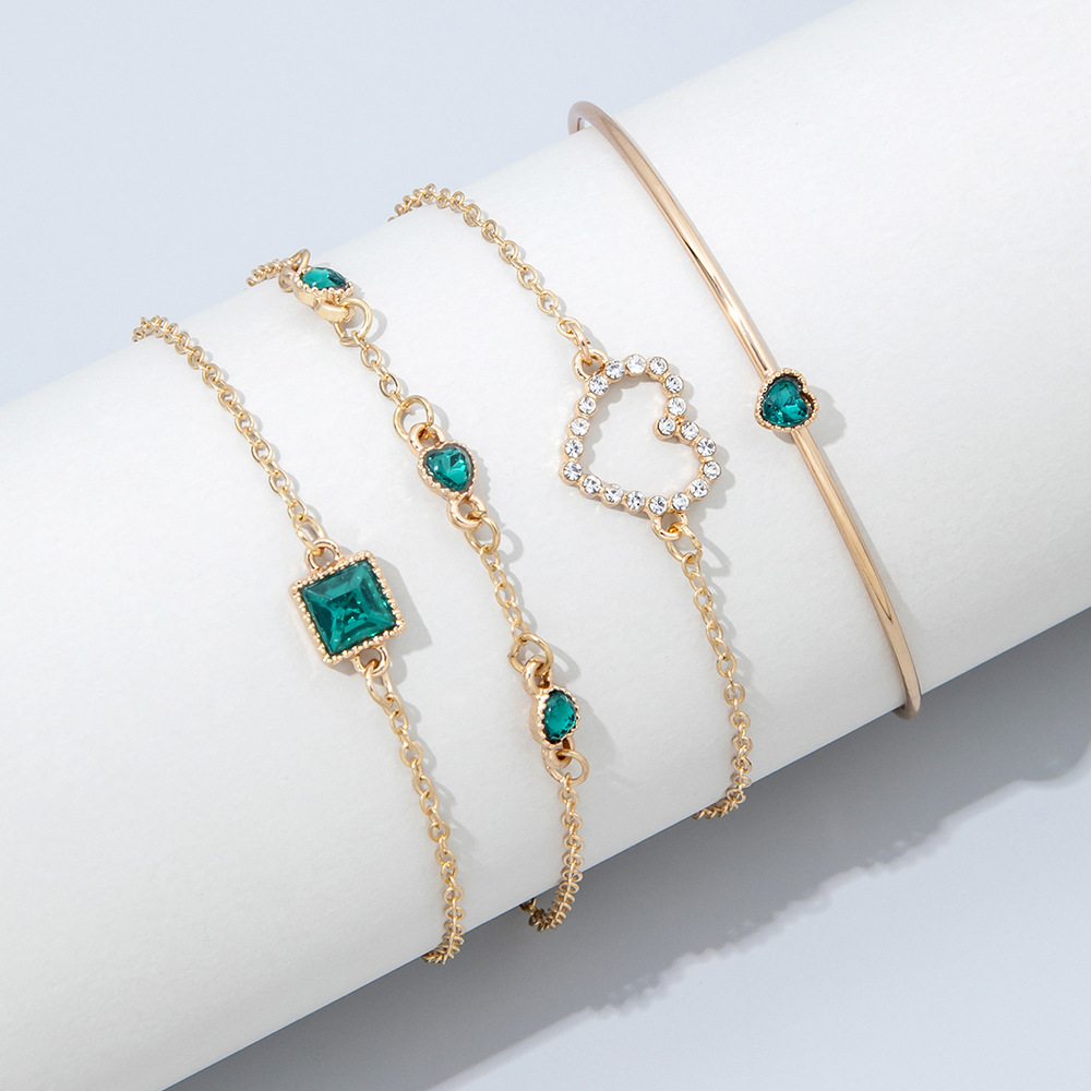 UPHUI 4PCS Women's Gold Bracelet Set Punk Layered Stackable Gold Bracelet With Open Cuffs Wrapped Bracelet Chain Ankle Chain Suitable Emerald inlaid with diamonds For Girls' Fashion Jewelry