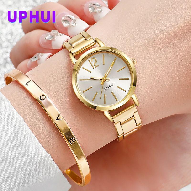UPHUI Ladies Fashion Simple Digital Alloy with Quartz Watch Bracelet 2pcs Set Luxury Women Simple Dial Ladies Watches Gold