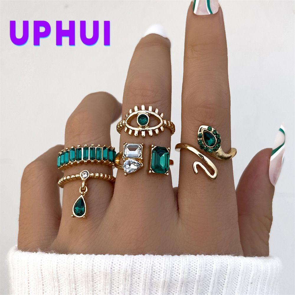 UPHUI 5PCS Rings Set Retro Imitation Gemstone Diamond Serpentine Water Drop Pendant Ring Creative Fashion Joint Ring Alloy Personalized Chain Open Ring Full Diamond Adjustable Any Size
