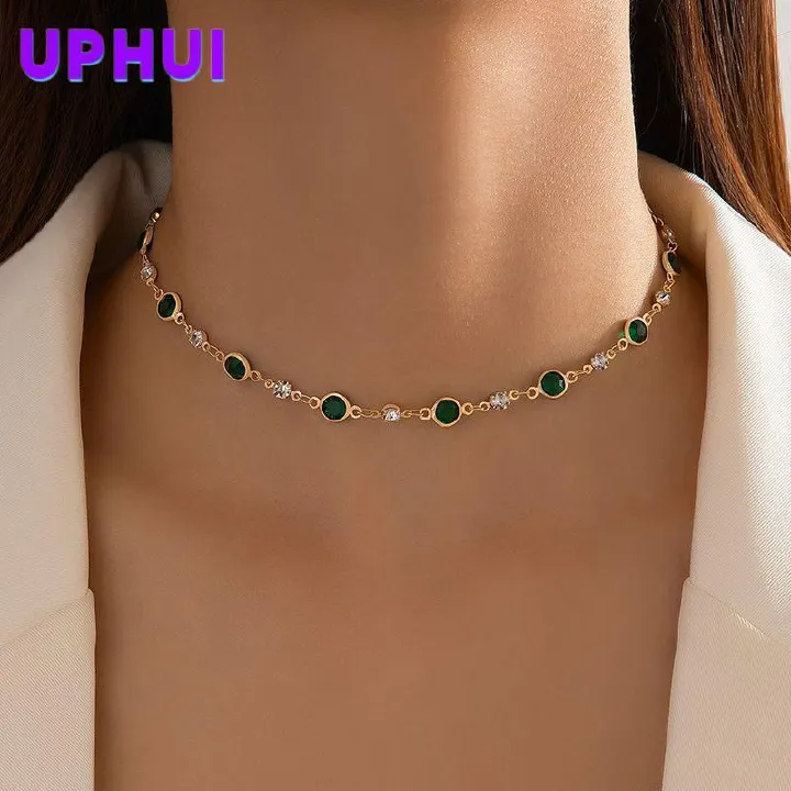 UPHUI Chain Women's Necklace Inlaid With Diamonds Bohemian Green Crystal Necklace Emerald Necklace Exquisite Satellite Necklace Gorgeous Wedding Jewelry Women's Gift Wedding Accessories Dress