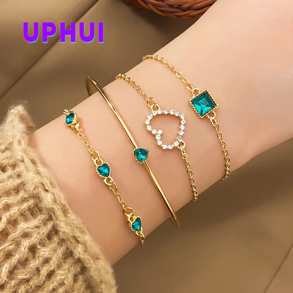 UPHUI 4PCS Women's Gold Bracelet Set Punk Layered Stackable Gold Bracelet With Open Cuffs Wrapped Bracelet Chain Ankle Chain Suitable Emerald inlaid with diamonds For Girls' Fashion Jewelry