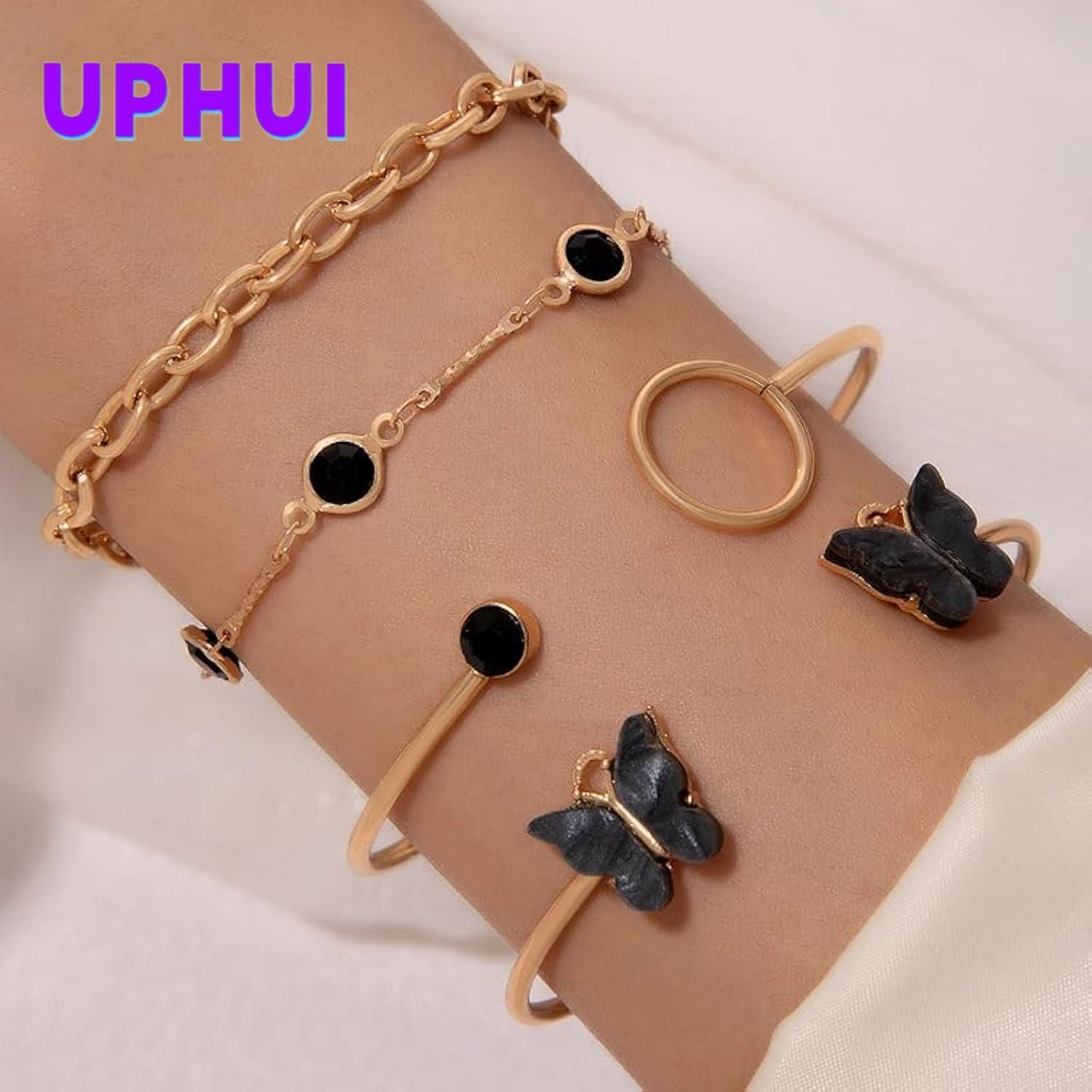 UPHUI 4PCS Women's Jewelry Bracelet Connection Exquisite Butterfly Gold Bracelet Women's Fashion Colorful Water Diamond Butterfly Bracelet Set Women's Layered Stacked Chain Bracelet