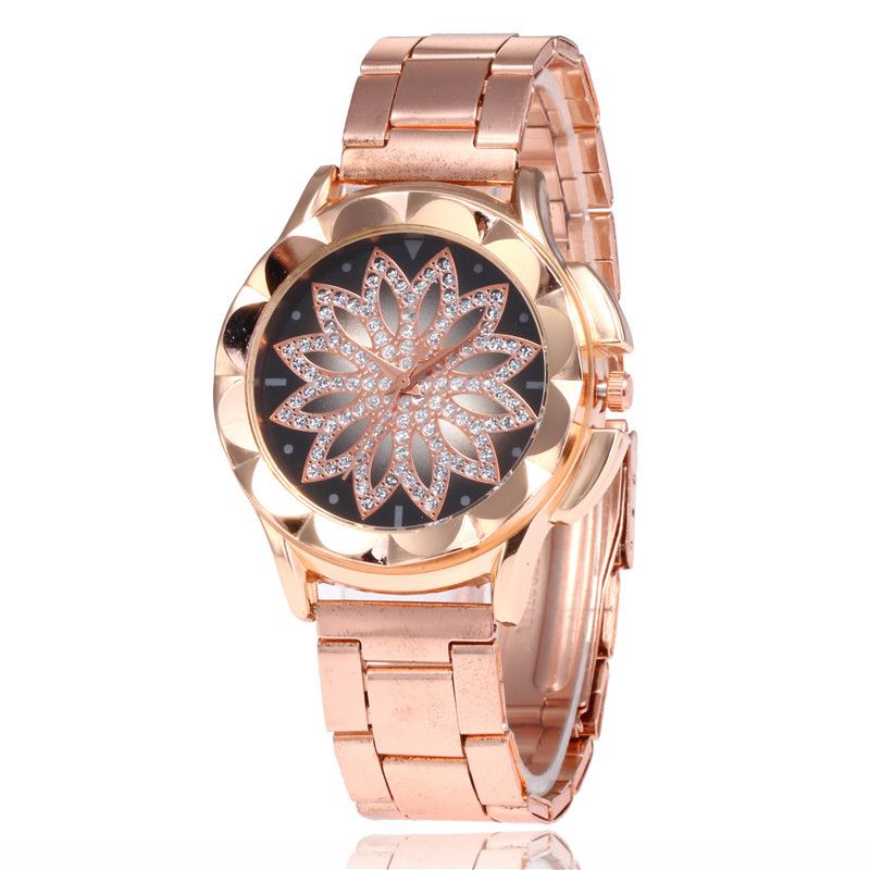 UPHUI Women's Watch Steel Strap Lotus Diamond Watch Luxury Business Watch Alloy Women's Watch Rose Gold Watch