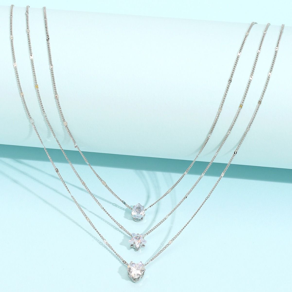 UPHUI Necklace Explosive Zircon Pendant Necklace Women Pentagram Love Heart-shaped Water Drop Pendant Creative Simple Fashion Three Layers A Total of Three Necklaces Clavicle Chain Gifts Daily Wear