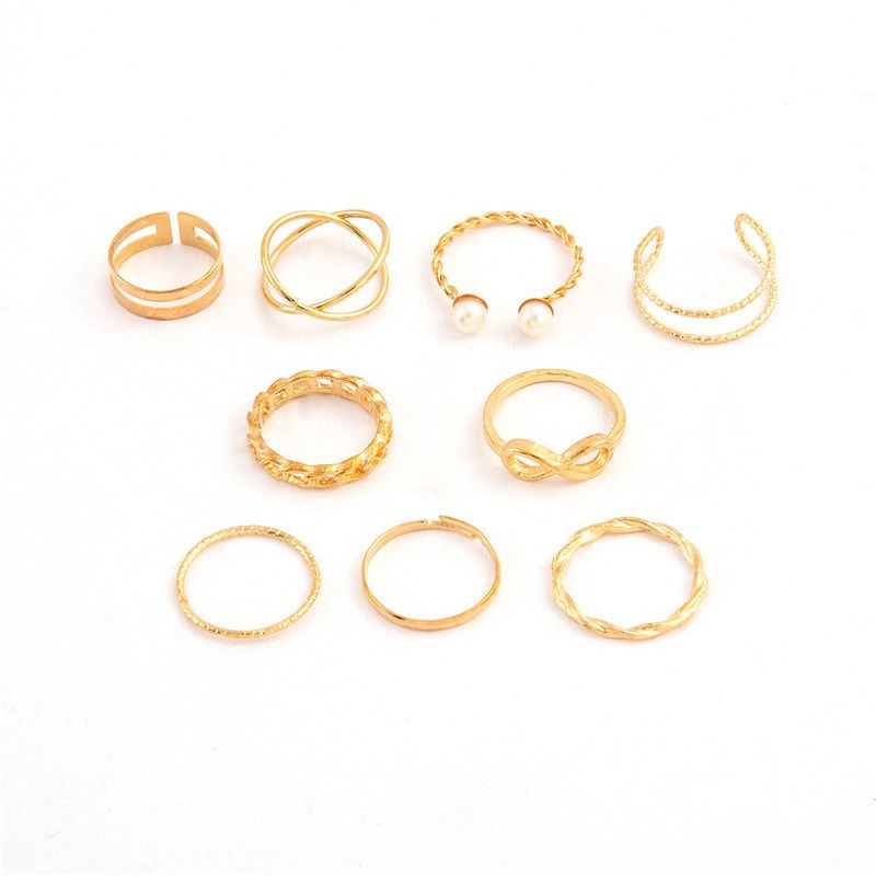 UPHUI 9PCS Ring Set Bohemian Style Inlaid Pearl Joint Ring 8-character Geometric Hollow Design Combination Ring Set Daily Wear Festival Set