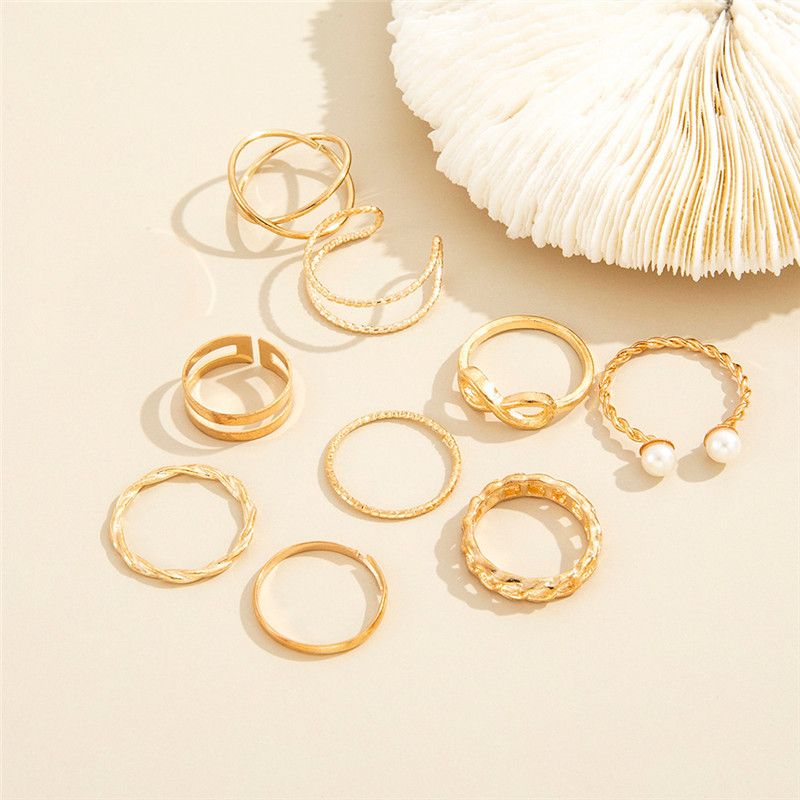 UPHUI 9PCS Ring Set Bohemian Style Inlaid Pearl Joint Ring 8-character Geometric Hollow Design Combination Ring Set Daily Wear Festival Set