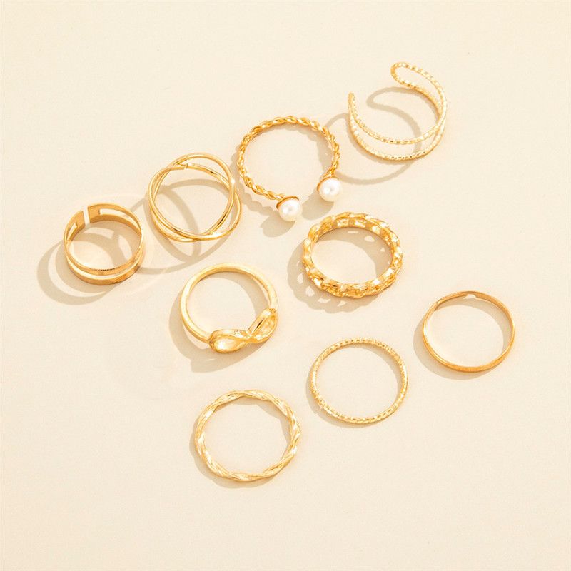 UPHUI 9PCS Ring Set Bohemian Style Inlaid Pearl Joint Ring 8-character Geometric Hollow Design Combination Ring Set Daily Wear Festival Set