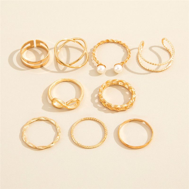 UPHUI 9PCS Ring Set Bohemian Style Inlaid Pearl Joint Ring 8-character Geometric Hollow Design Combination Ring Set Daily Wear Festival Set