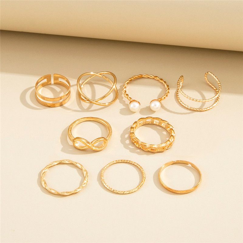 UPHUI 9PCS Ring Set Bohemian Style Inlaid Pearl Joint Ring 8-character Geometric Hollow Design Combination Ring Set Daily Wear Festival Set
