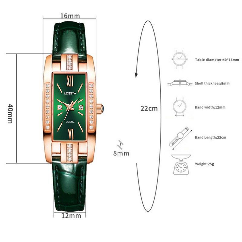 UPHUI 5pcs Stylish Women Rome Square Dial Ladies Leather Wrist Watch Gemstone Bracelet Set Square Belt Watch+ Green Gemstone Jewelry Sets Gift For Girls