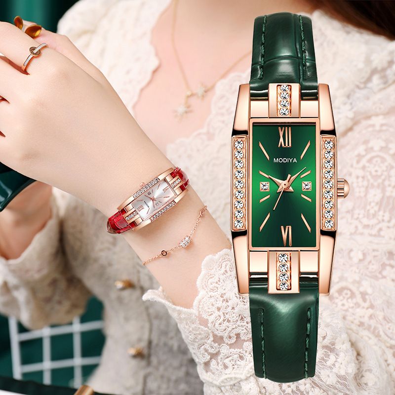 UPHUI 5pcs Stylish Women Rome Square Dial Ladies Leather Wrist Watch Gemstone Bracelet Set Square Belt Watch+ Green Gemstone Jewelry Sets Gift For Girls