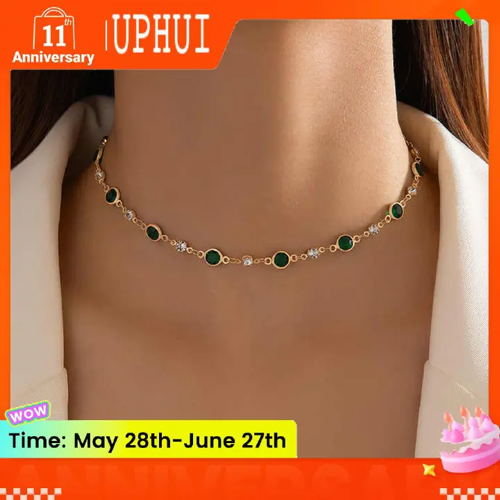 UPHUI Chain Women's Necklace Inlaid With Diamonds Bohemian Green Crystal Necklace Emerald Necklace Exquisite Satellite Necklace Gorgeous Wedding Jewelry Women's Gift Wedding Accessories Dress