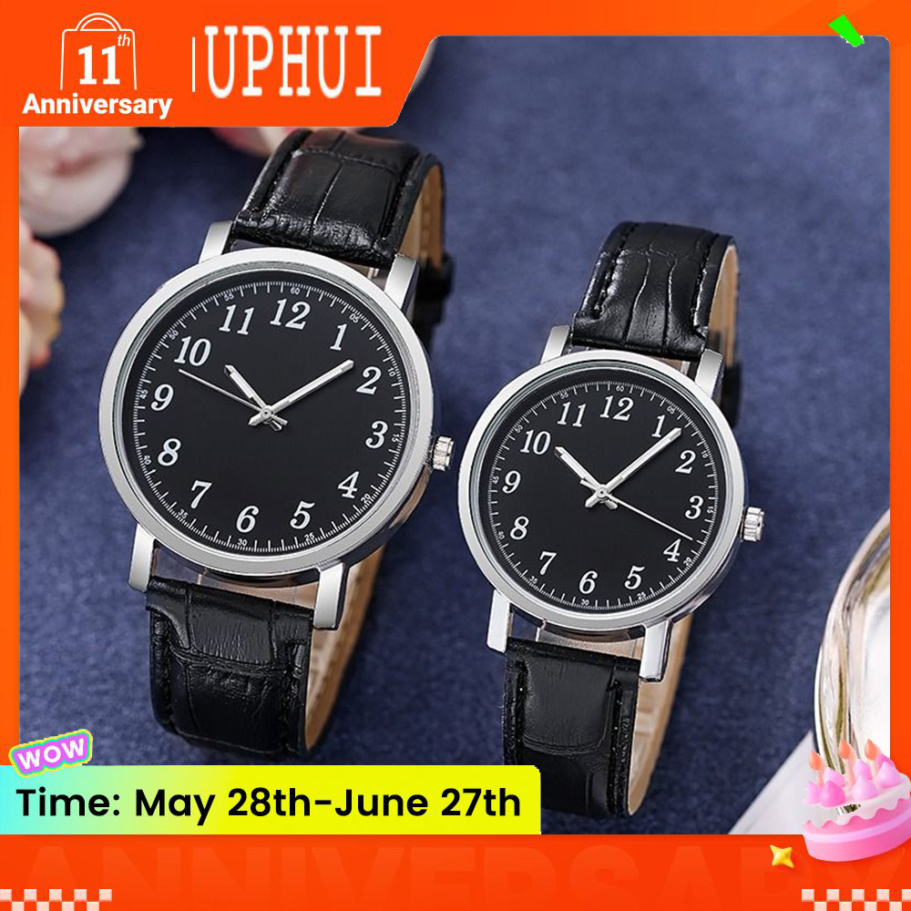 UPHUI 2Pcs Fashion Couple Quartz Watches Leather Strap Lover Watch Women And Men Student Valentine Gift Classic Luxury Clock Hand Black Wristwatches