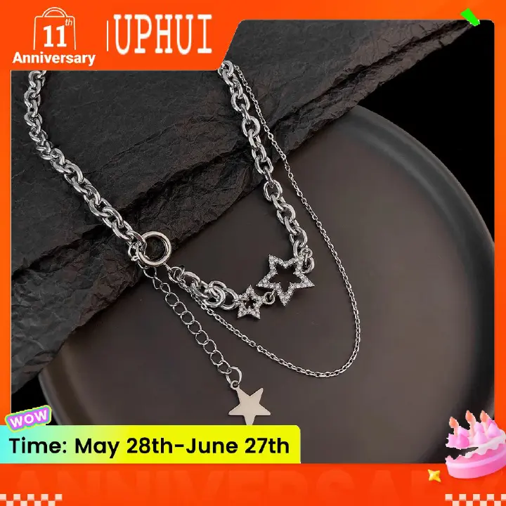 UPHUI Fashion Silver Star Double Layered Tassel Necklace Female Hip Hop Short Collar Bone Chain Choker Necklace For Women