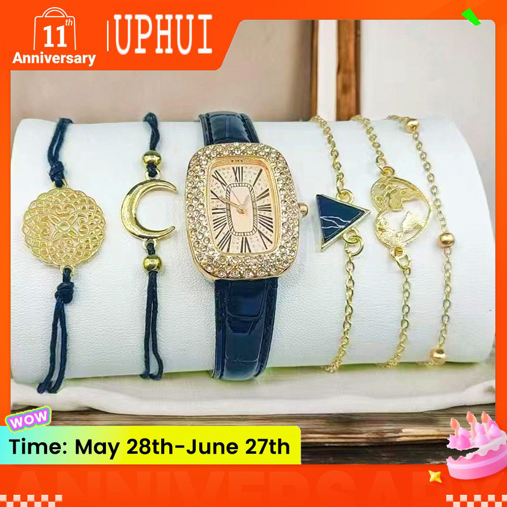 UPHUI 6PCS Women Watch Set Full Diamond Leather Strap Square Watch Women's Watches Luxury Timetable Quartz Fashion Watch Female Wrist Wstch Clock