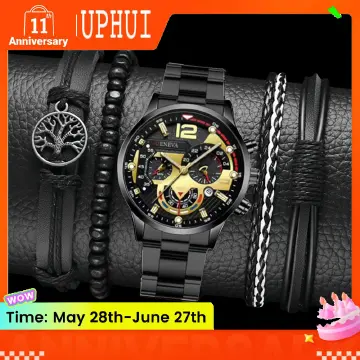 UPHUI 5PCS Men Watch Set Men's Watch And 4PCS Bracelet Fashion With Calendar Sports Business Quartz Steel Strip Watch Men's Sports Watch Male Wrist Watch Silver