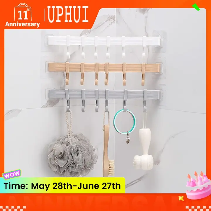 UPHUI 6 Hook Assembly Adhesive Hook Row Hook Towel Rack Kitchen Storage Rack Bathroom Wall Hanging Hook Multifunctional Key Hook