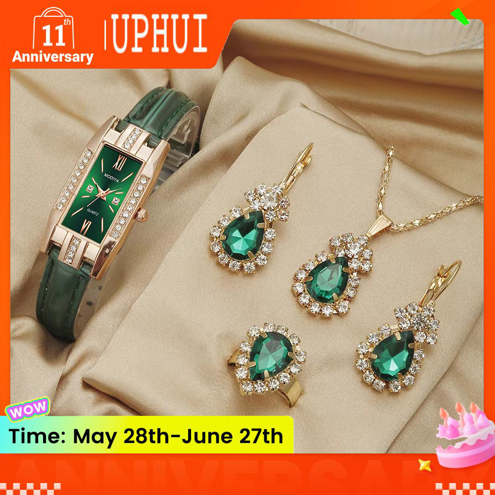 UPHUI 5PCS Women's Watch Earrings Necklace Ring Set Diamond Square Watch Jewelry Set Business Wristwatch  Quartz Ladies' Watch