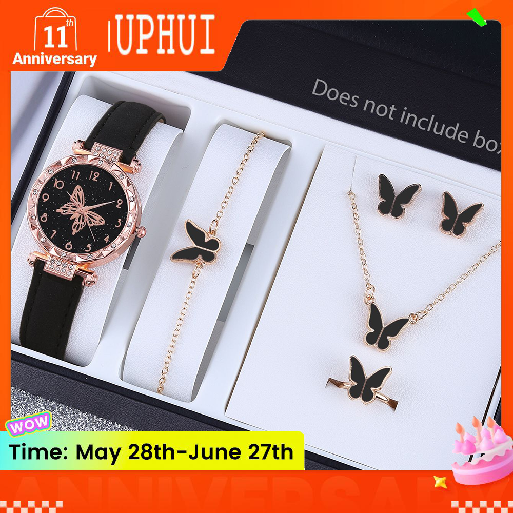 UPHUI 6PCS Women's Watch Earrings Rings Necklace Bracelet Set  Ladies' Butterfly Jewelry Set Women's Wristwatch Leather Strap Quartz Watch Ladies' Butterfly Watch Set