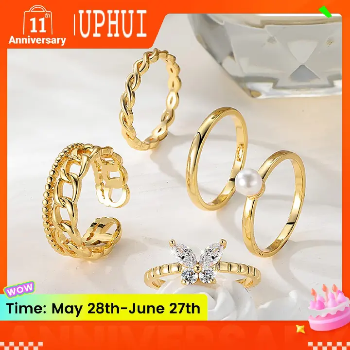 UPHUI 5Pcs Ladies' Ring Set Open Ring Pearl Ring Butterfly Rings High Quality Zircon Statement Simple Light Luxury Open Finger Rings for Women and Girls