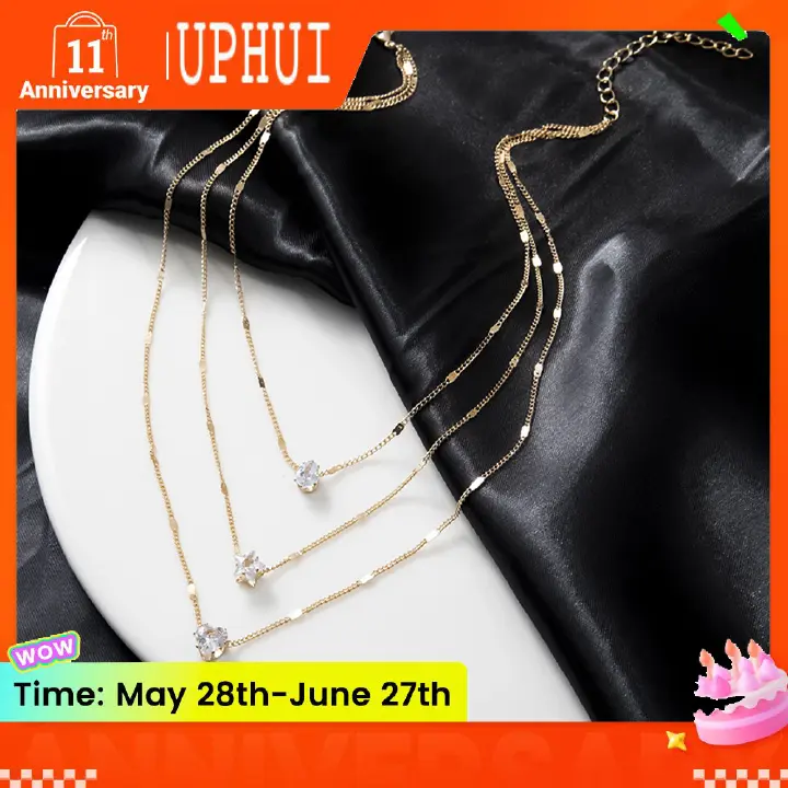 UPHUI Necklace Explosive Zircon Pendant Necklace Women Pentagram Love Heart-shaped Water Drop Pendant Creative Simple Fashion Three Layers A Total of Three Necklaces Clavicle Chain Gifts Daily Wear