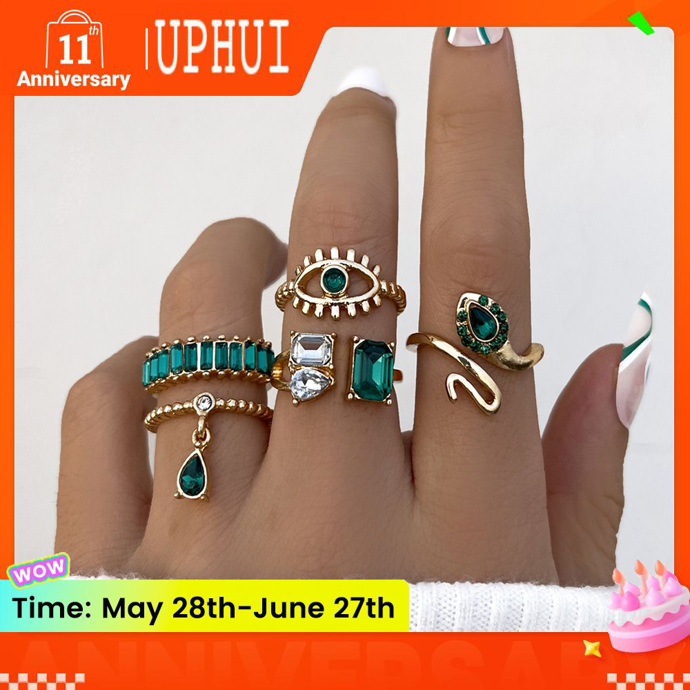 UPHUI 5PCS Rings Set Retro Imitation Gemstone Diamond Serpentine Water Drop Pendant Ring Creative Fashion Joint Ring Alloy Personalized Chain Open Ring Full Diamond Adjustable Any Size