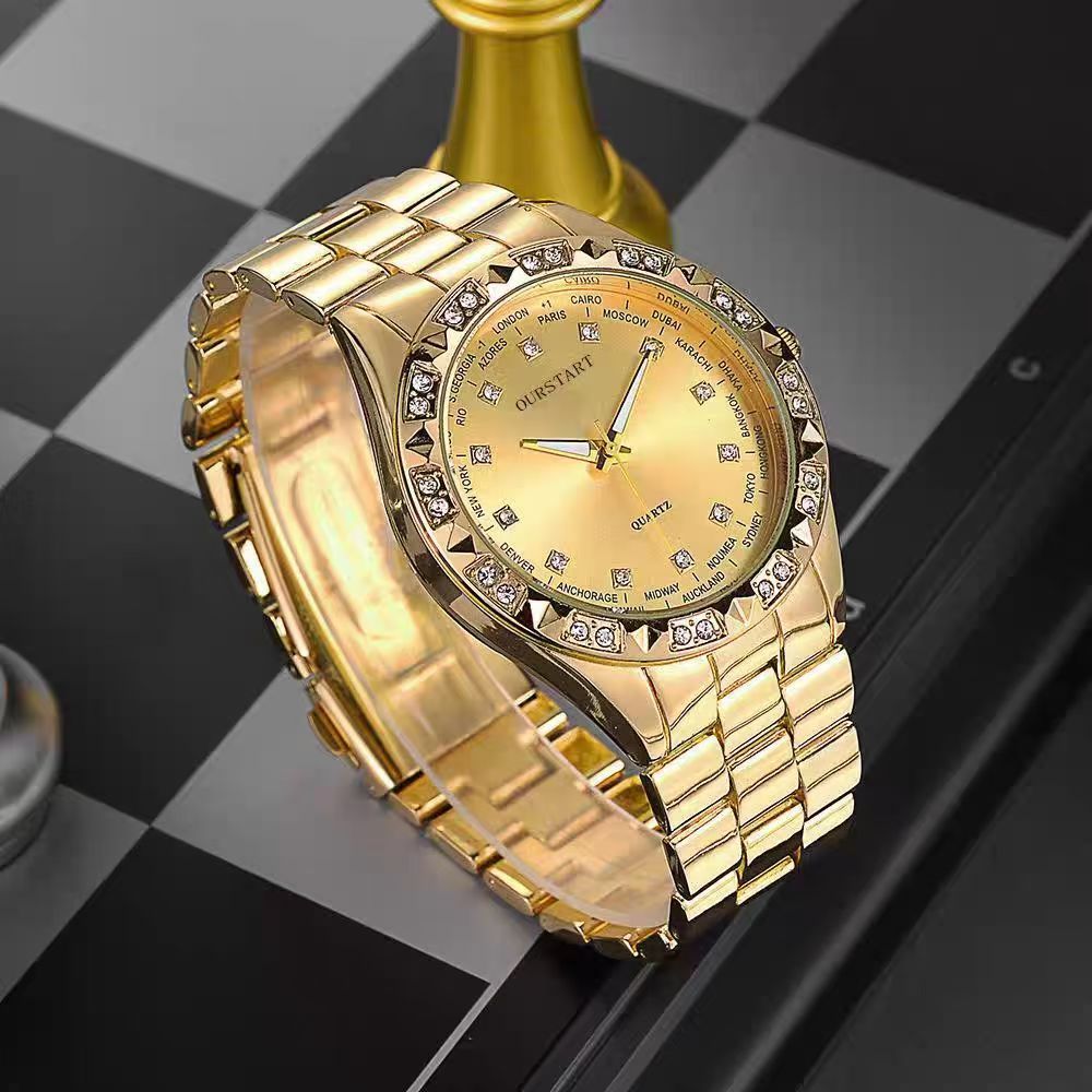 2PCS Lover Watches Business Stainless Steel Back Gold Watch  Classic Diamond Rhinestone Couple Gift Watch  Hip Hop Metal Color Bling Diamond and Steel Strip Women Men Couple Quartz Watch
