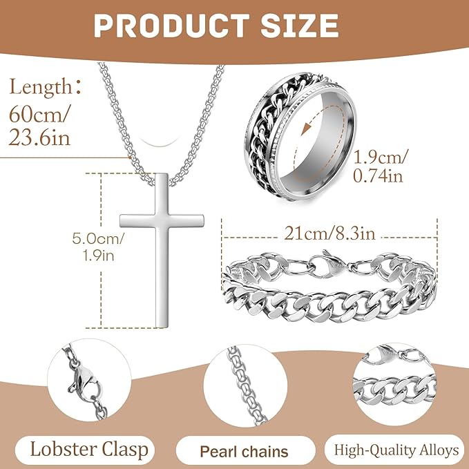 UPHUI Men's 4PCS Watch Set Necklace Bracelet Ring Men's Jewelry Set Men's Fashion Watch Waterproof Business Wristwatch